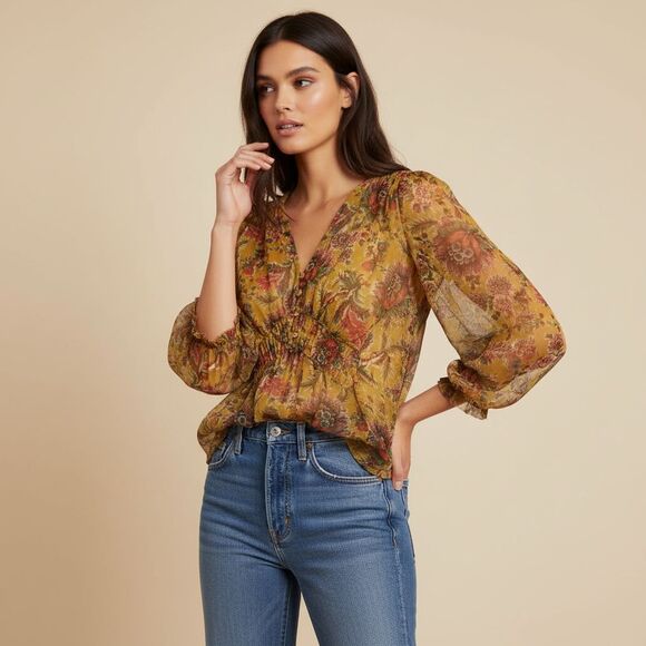 Anthropologie Tops - Anthropologie Sheer Mesh Babydoll Henley Top S Chartreuse Floral Balloon Sleeve